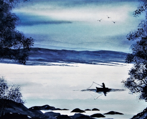 An Original Painting of Tranquil Evening Fisherman on Restful Waters Around Pontoon by Galway Artist Pat Flannery.jpeg