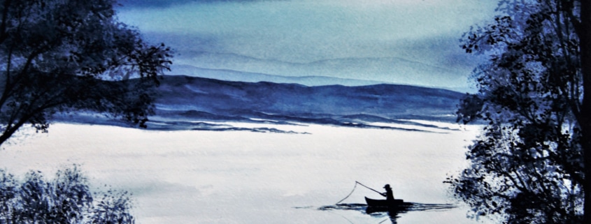 An Original Painting of Tranquil Evening Fisherman on Restful Waters Around Pontoon by Galway Artist Pat Flannery.jpeg