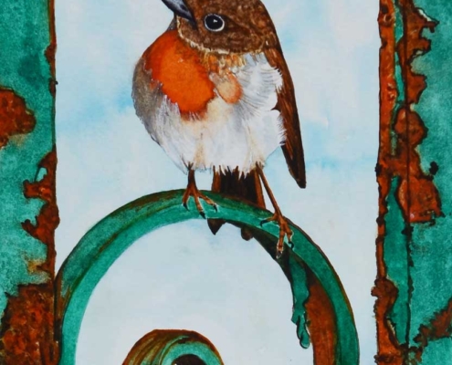 An Original Painting of a Young Irish Robin Redbreast Resting on a Very Old Rusty Gate by Galway Artist Pat Flannery.jpeg